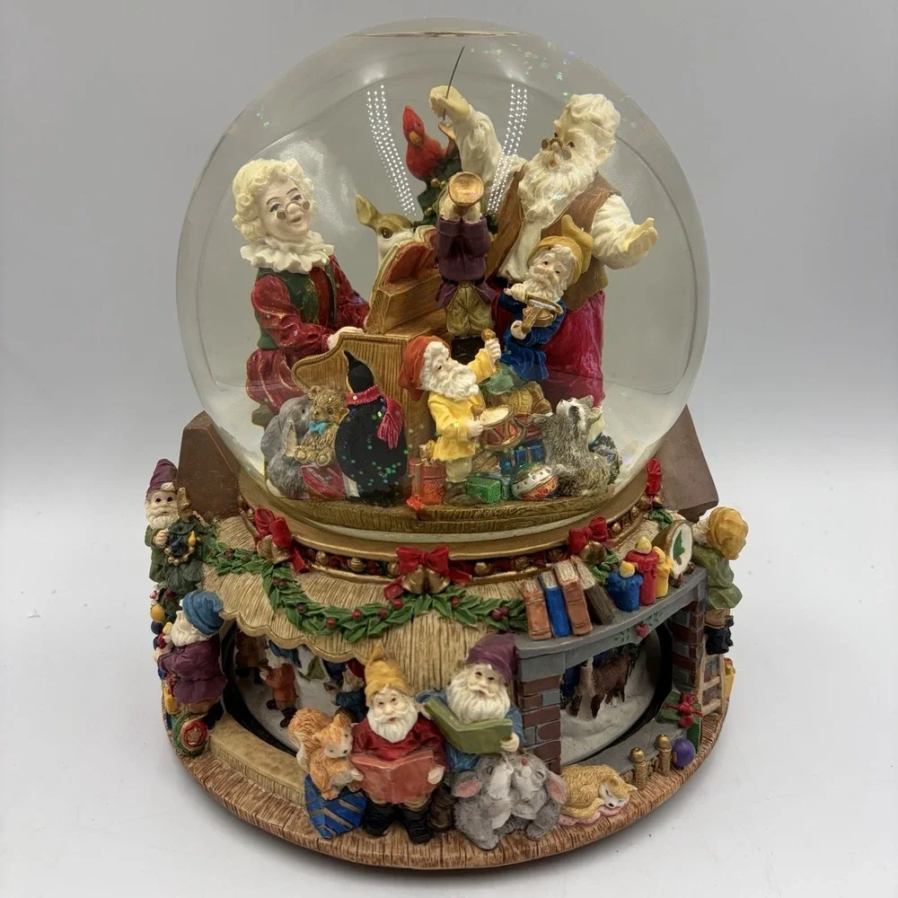 VTG Large Musical Snow Globe W Rotating Base Features Santa Mrs Clause & Elves